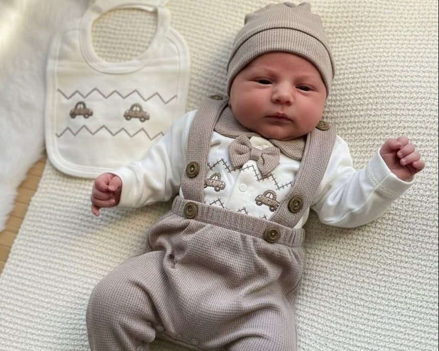 Erkek Bebek Pamuklu 0-3 Ay ARABA NAKIŞLI 5'li Hastane Çıkış Seti