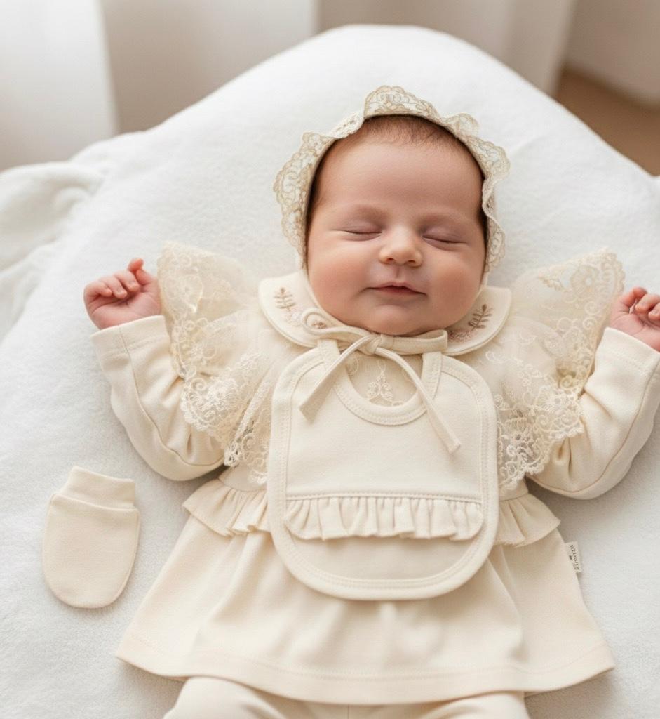 Cayzen Kız Bebek Pamuklu 0-3 Ay Dantel 5li Hastane Çıkış Seti