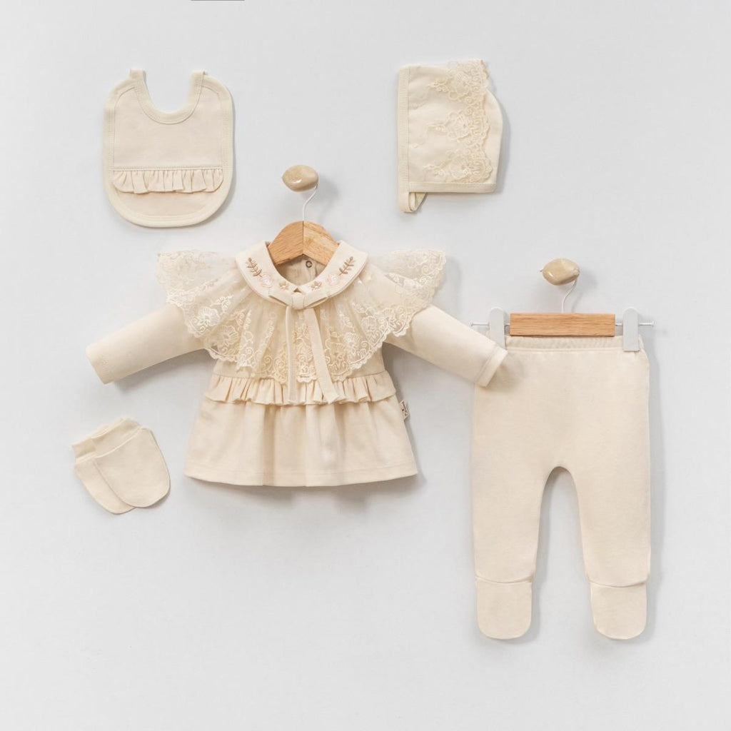 Cayzen Kız Bebek Pamuklu 0-3 Ay Dantel 5li Hastane Çıkış Seti